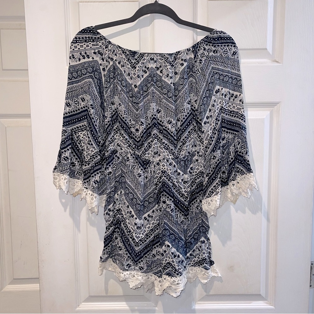 See you Monday off shoulder boho romper with crochet details in size small